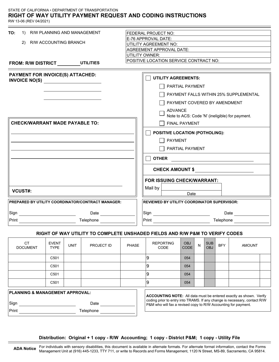 Form RW13-06 Right of Way Utility Payment Request and Coding Instructions - California, Page 1