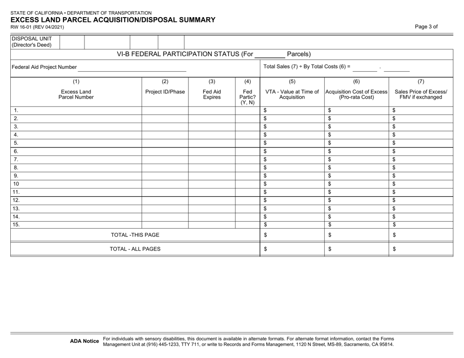 Form RW16-01 Excess Land Parcel Acquisition / Disposal Summary - California, Page 3