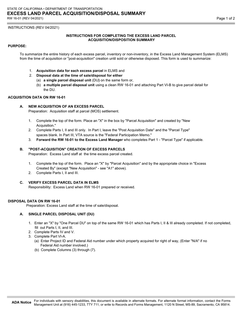 Form RW16-01 Excess Land Parcel Acquisition / Disposal Summary - California, Page 4