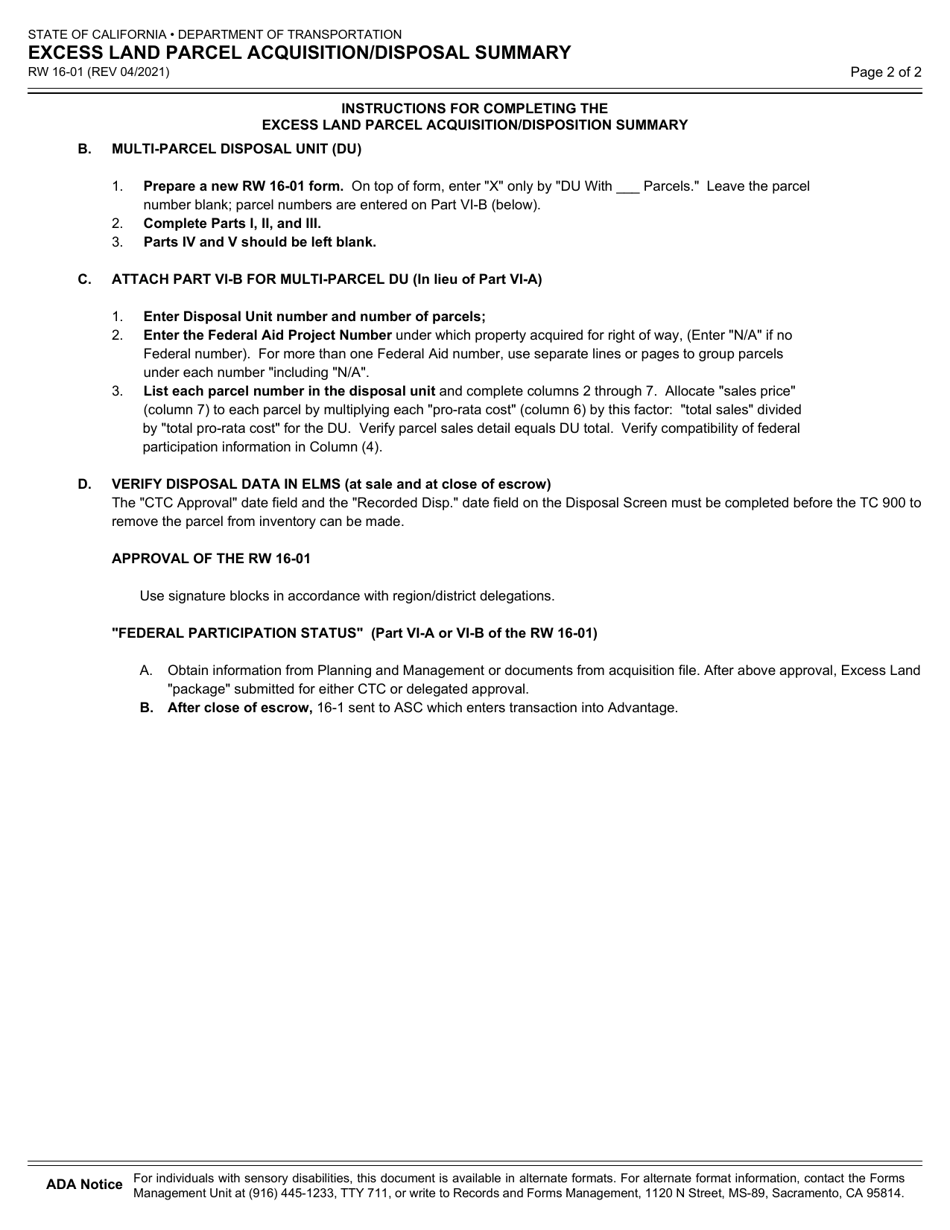 Form RW16-01 Excess Land Parcel Acquisition / Disposal Summary - California, Page 5