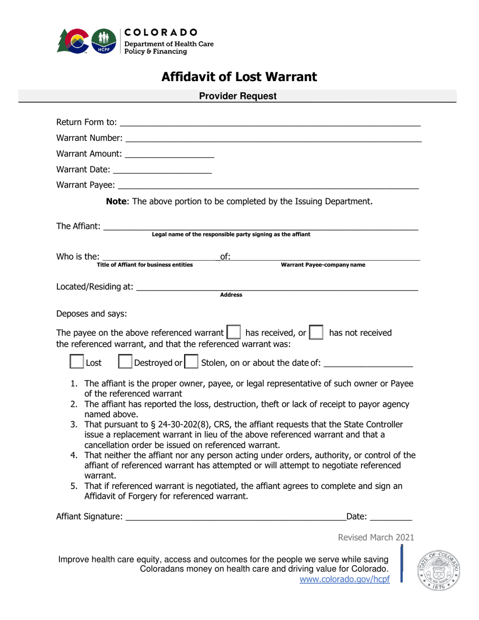 Affidavit of Lost Warrant Provider Request - Colorado, Page 1