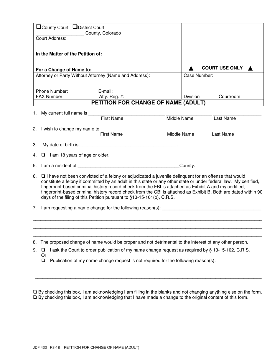 Form JDF433 Petition for Change of Name (Adult) - Colorado, Page 1