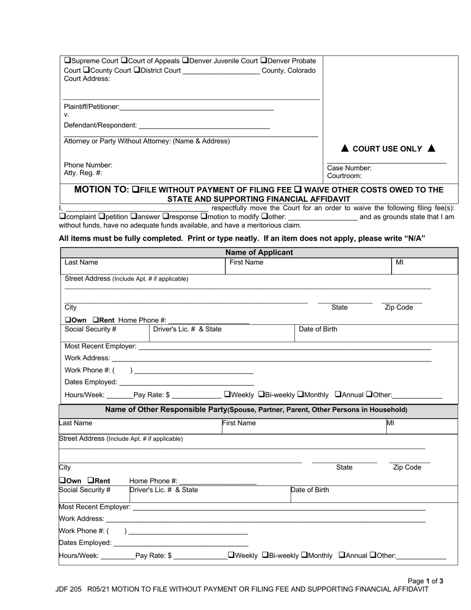 Form JDF205 Motion to: File Without Payment of Filing Fee/Waive Other Costs Owed to the State and Supporting Financial Affidavit - Colorado, Page 1