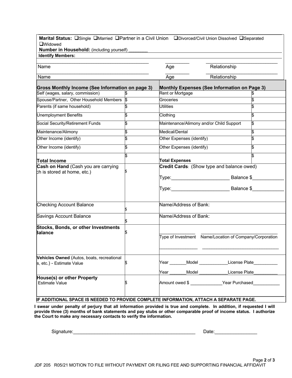 Form JDF205 Motion to: File Without Payment of Filing Fee / Waive Other Costs Owed to the State and Supporting Financial Affidavit - Colorado, Page 2