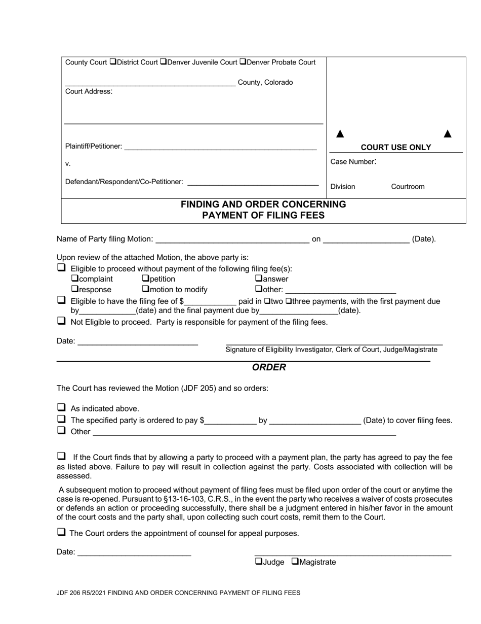 Form JDF206 Finding and Order Concerning Payment of Filing Fees - Colorado, Page 1