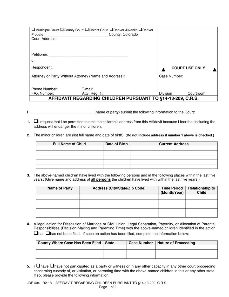 Form JDF404 Affidavit Regarding Children Pursuant to 14-13-209, C.r.s. - Colorado, Page 1