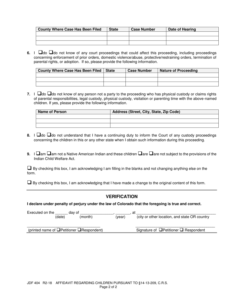Form JDF404 Affidavit Regarding Children Pursuant to 14-13-209, C.r.s. - Colorado, Page 2