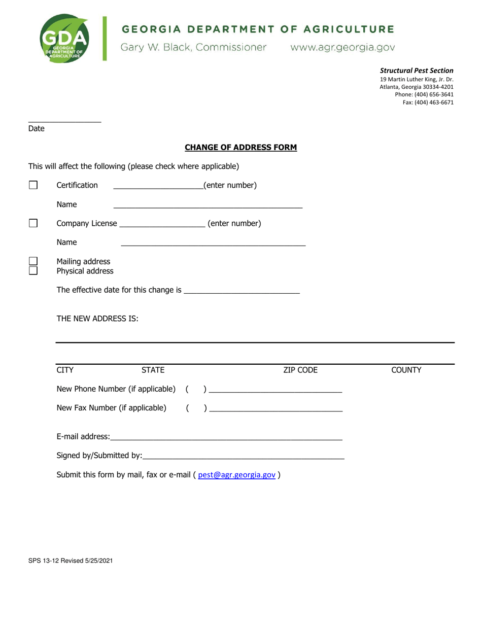 Form SPS13-12 Change of Address Form - Georgia (United States), Page 1