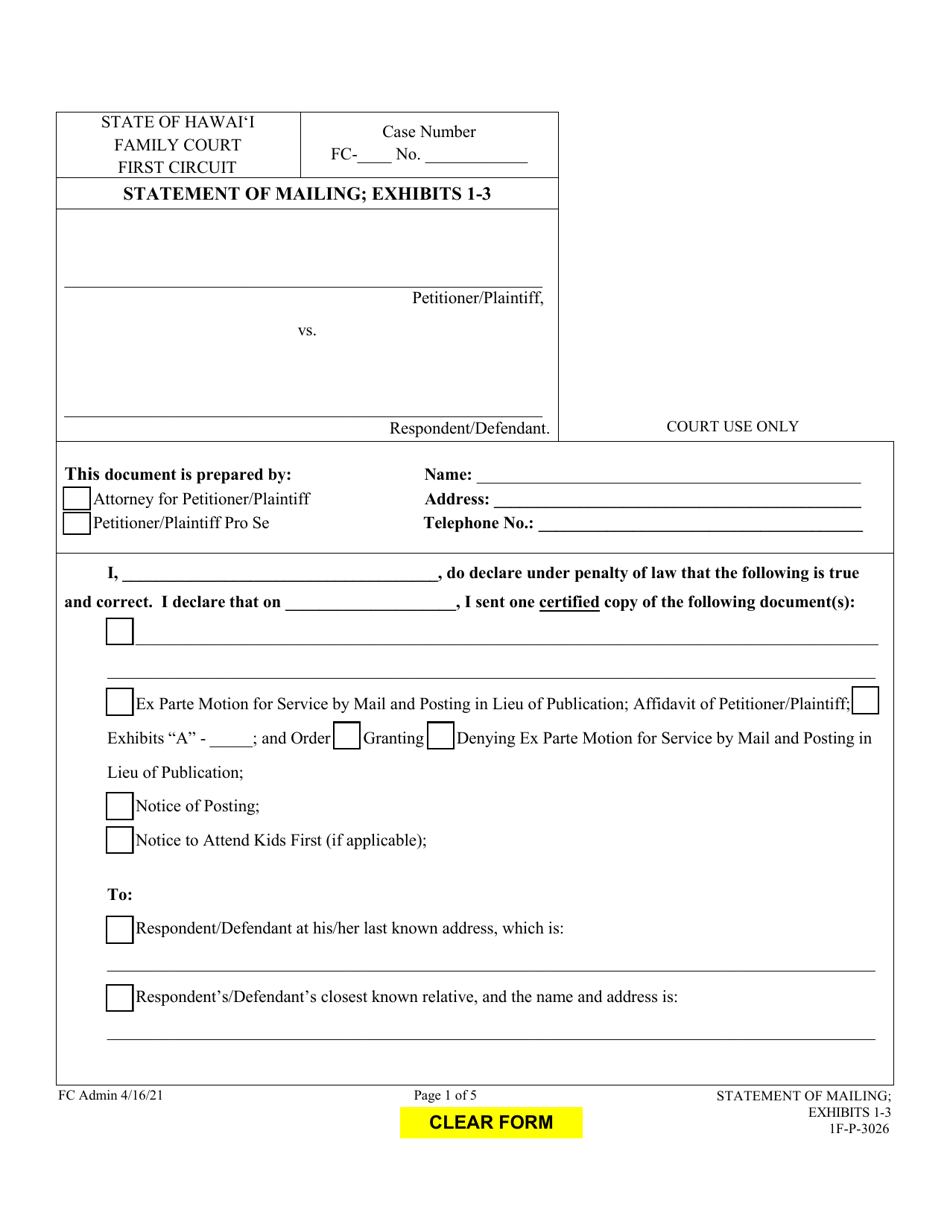 Form 1F-P-3026 Statement of Mailing; Exhibits 1-3 - Hawaii, Page 1