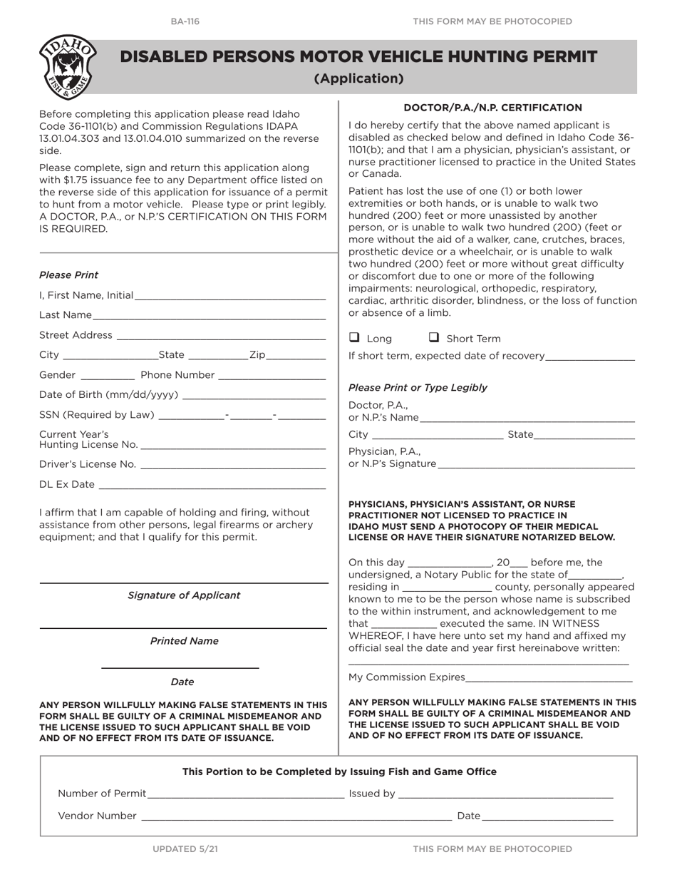 Form BA-116 Disabled Persons Motor Vehicle Hunting Permit Application - Idaho, Page 1
