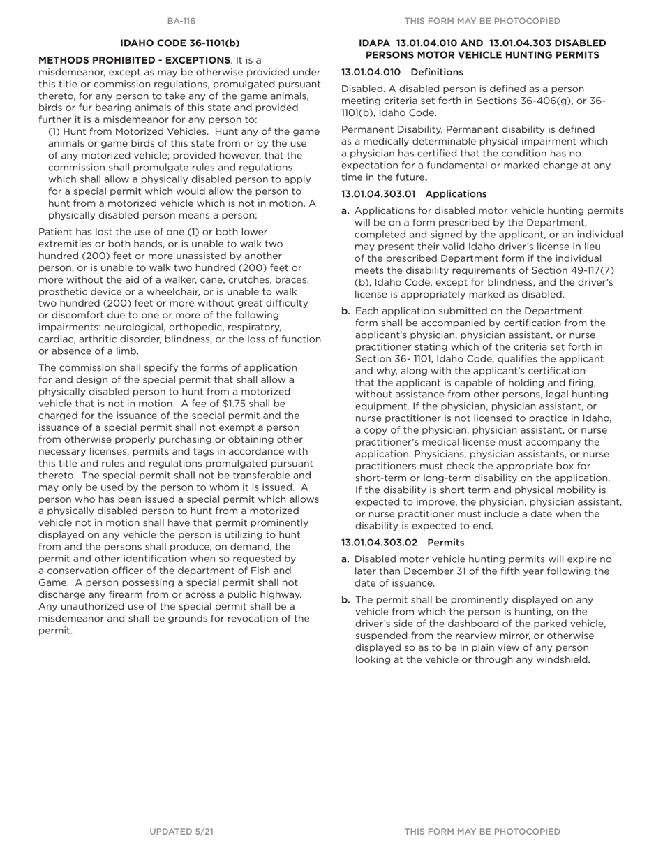Form BA-116 Disabled Persons Motor Vehicle Hunting Permit Application - Idaho, Page 2