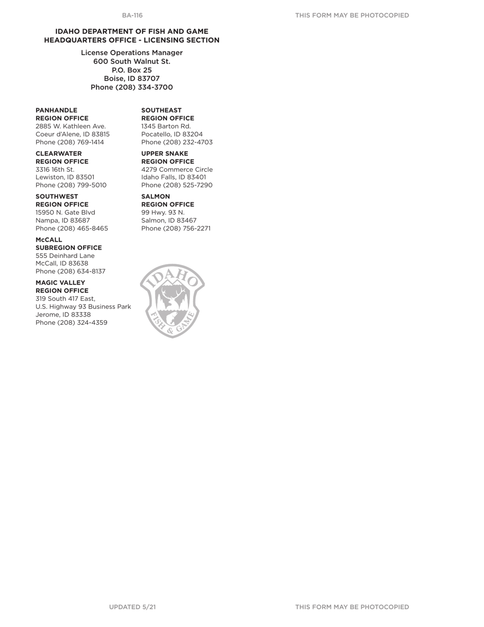 Form BA-116 Disabled Persons Motor Vehicle Hunting Permit Application - Idaho, Page 3