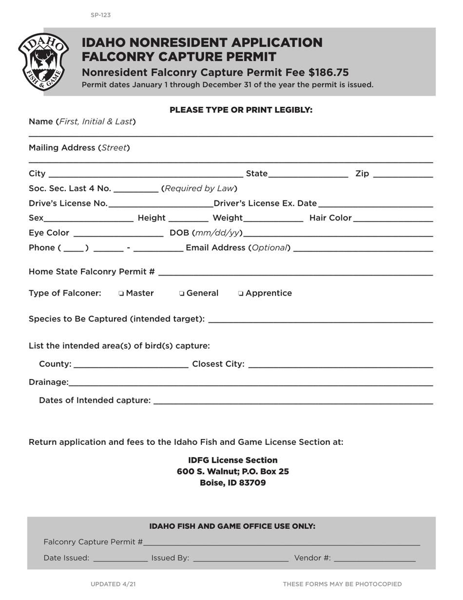 Form SP-123 Idaho Nonresident Application Falconry Capture Permit - Idaho, Page 1