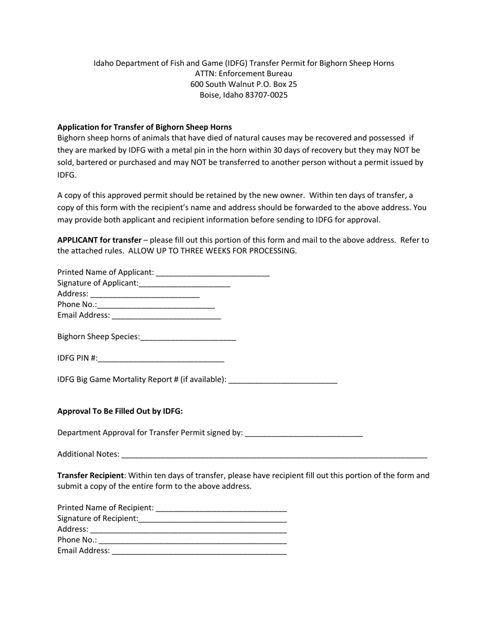 Application for Transfer of Bighorn Sheep Horns - Idaho, Page 1