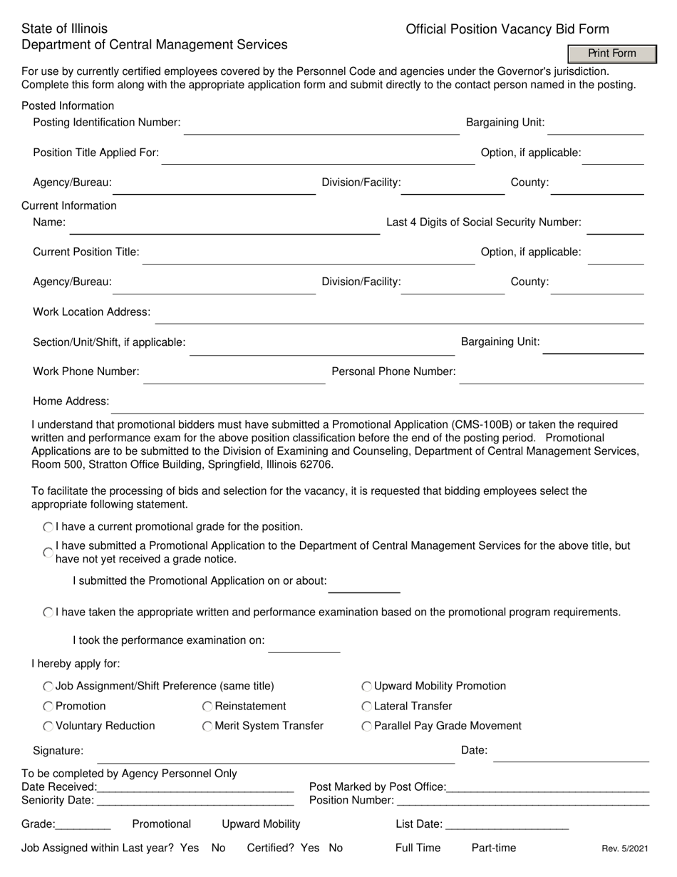 Official Position Vacancy Bid Form - Illinois, Page 1
