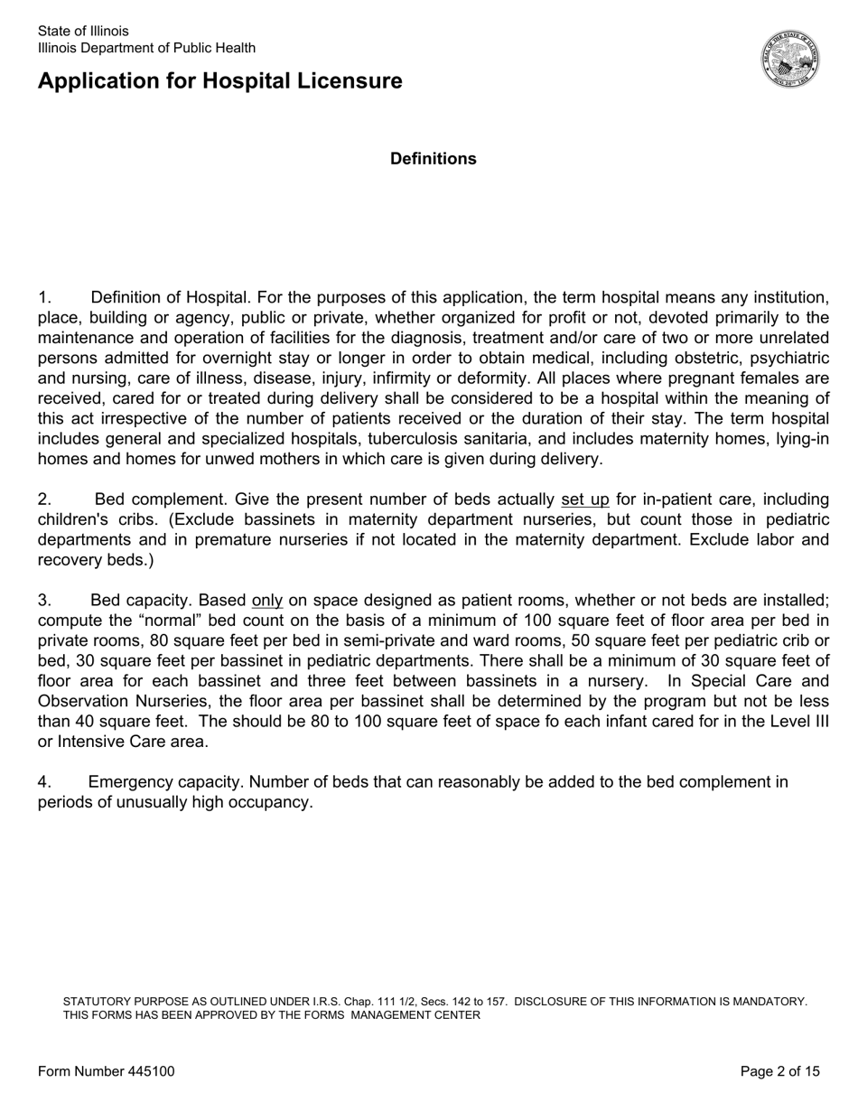 Form 445100 Application for Hospital Licensure - Illinois, Page 2