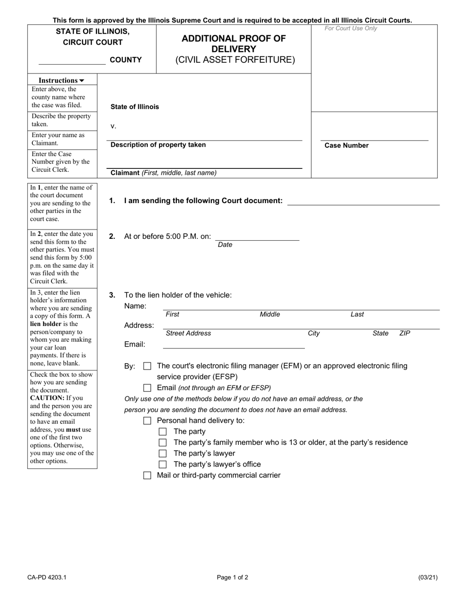 Form CA-PD4203.1 Additional Proof of Delivery (Civil Asset Forfeiture) - Illinois, Page 1