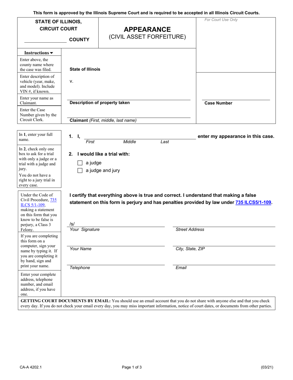 Form CA-A4202.1 Appearance (Civil Asset Forfeiture) - Illinois, Page 1