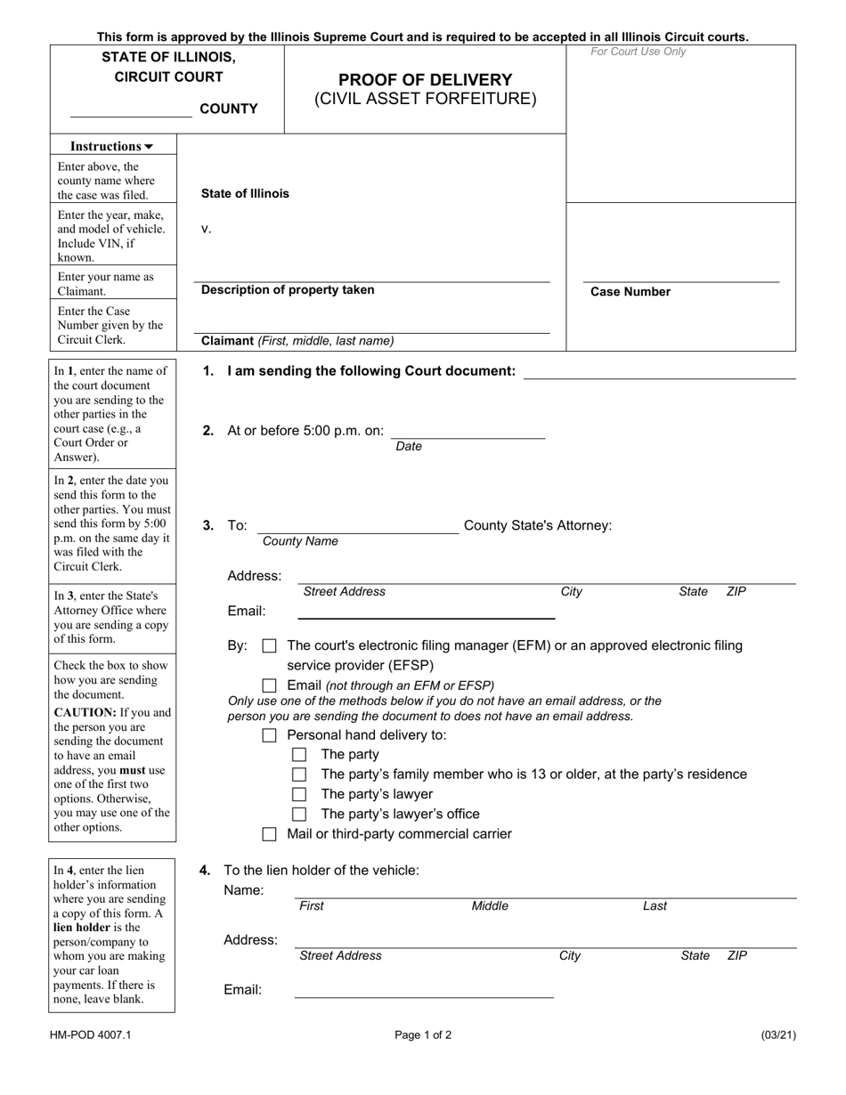 Form HM-POD4007.1 Proof of Delivery (Civil Asset Forfeiture) - Illinois, Page 1
