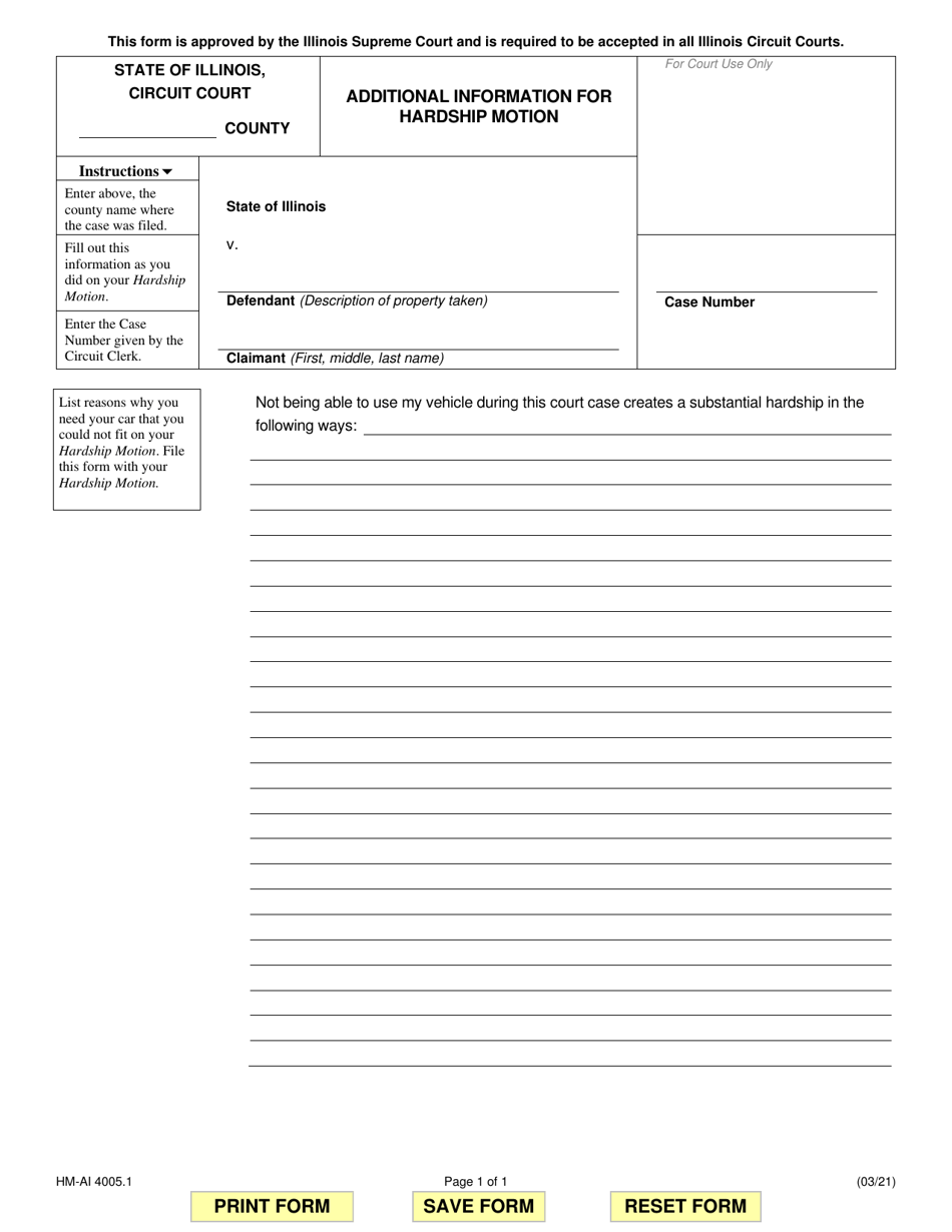 Form HM-AI4005.1 Additional Information for Hardship Motion - Illinois, Page 1