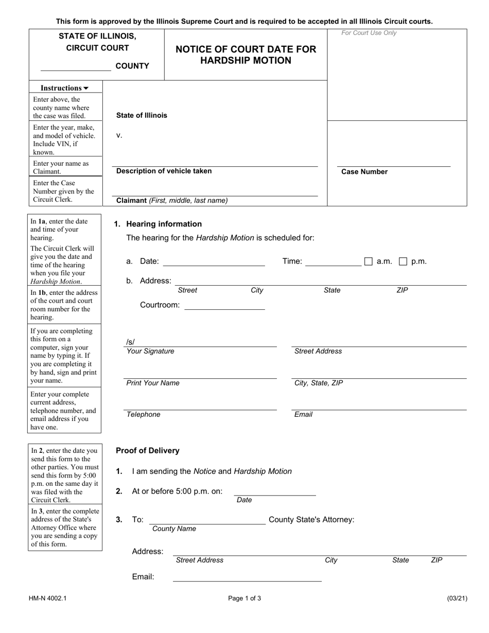 Form HM-N4002.1 Notice of Court Date for Hardship Motion - Illinois, Page 1