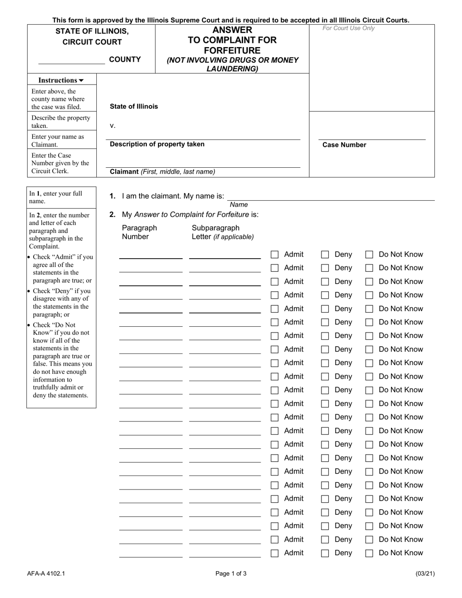 Form AFA-A4102.1 Answer to Complaint for Forfeiture (Not Involving Drugs or Money Laundering) - Illinois, Page 1