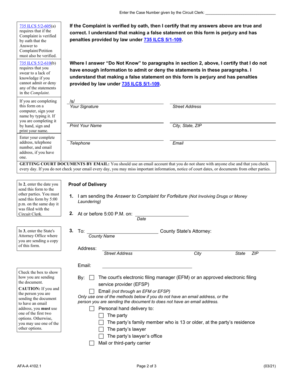 Form AFA-A4102.1 Answer to Complaint for Forfeiture (Not Involving Drugs or Money Laundering) - Illinois, Page 2