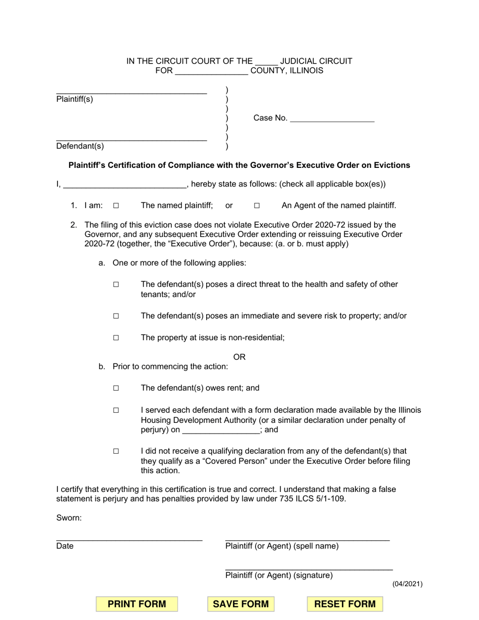 Plaintiffs Certification of Compliance With the Governors Executive Order on Evictions - Illinois, Page 1