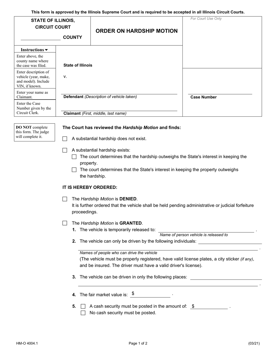 Form HM-O4004.1 Order on Hardship Motion - Illinois, Page 1