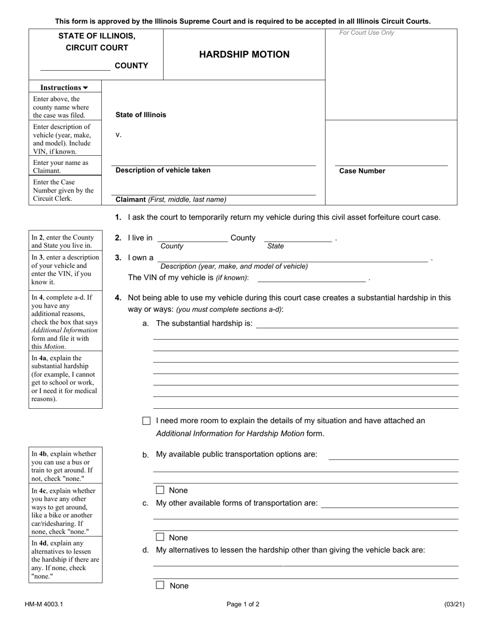 Form HM-M4003.1 Hardship Motion - Illinois, Page 1