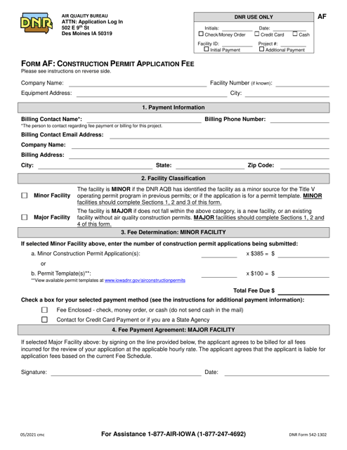 Form AF (DNR Form 542-1302) Construction Permit Application Fee - Iowa