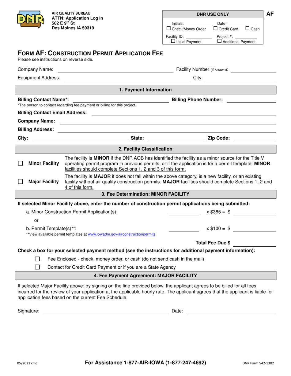 Form AF (DNR Form 542-1302) Construction Permit Application Fee - Iowa, Page 1
