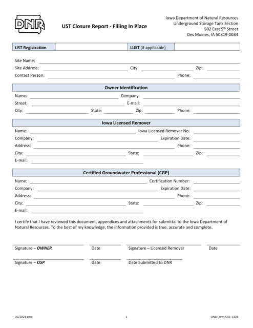 DNR Form 542-1303 Ust Closure Report - Filling in Place - Iowa