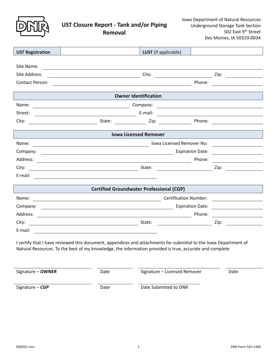 DNR Form 542-1306 Ust Closure Report - Tank and / or Piping Removal - Iowa, Page 1