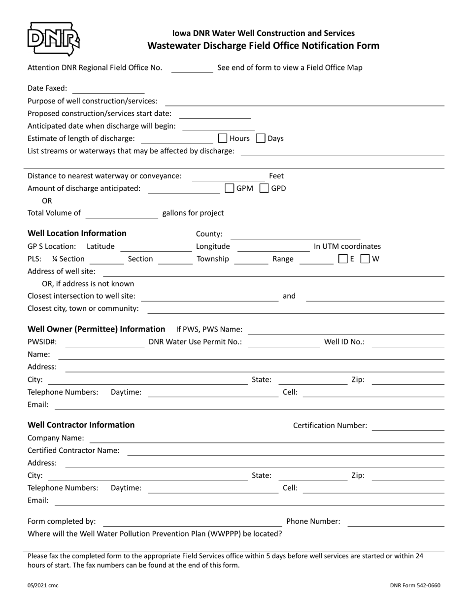 DNR Form 542-0660 Wastewater Discharge Field Office Notification Form - Iowa, Page 1