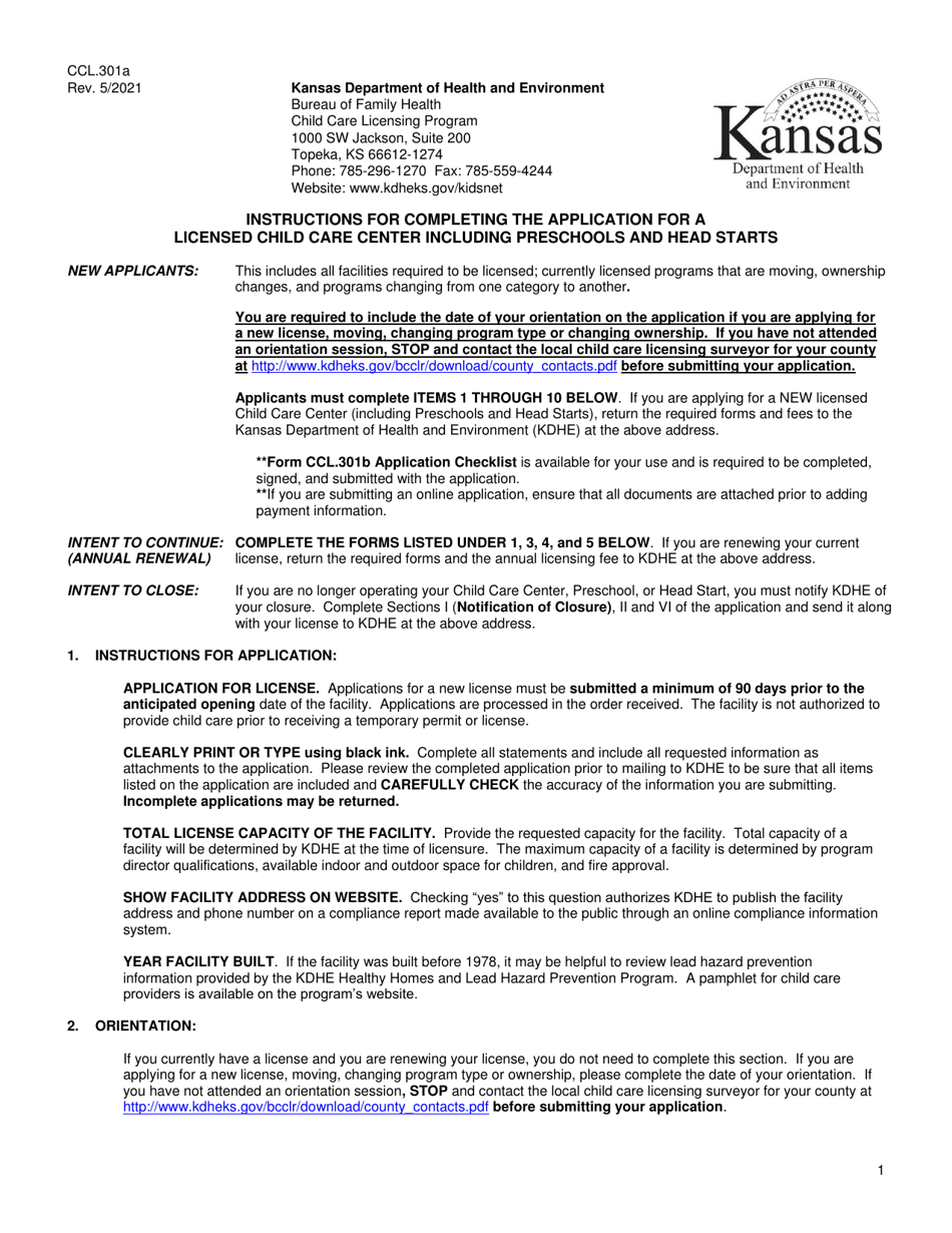 Instructions for Form CCL.301 Application for a Child Care Center, Preschool, Head Start - Kansas, Page 1