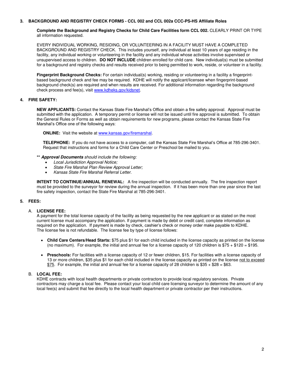 Instructions for Form CCL.301 Application for a Child Care Center, Preschool, Head Start - Kansas, Page 2