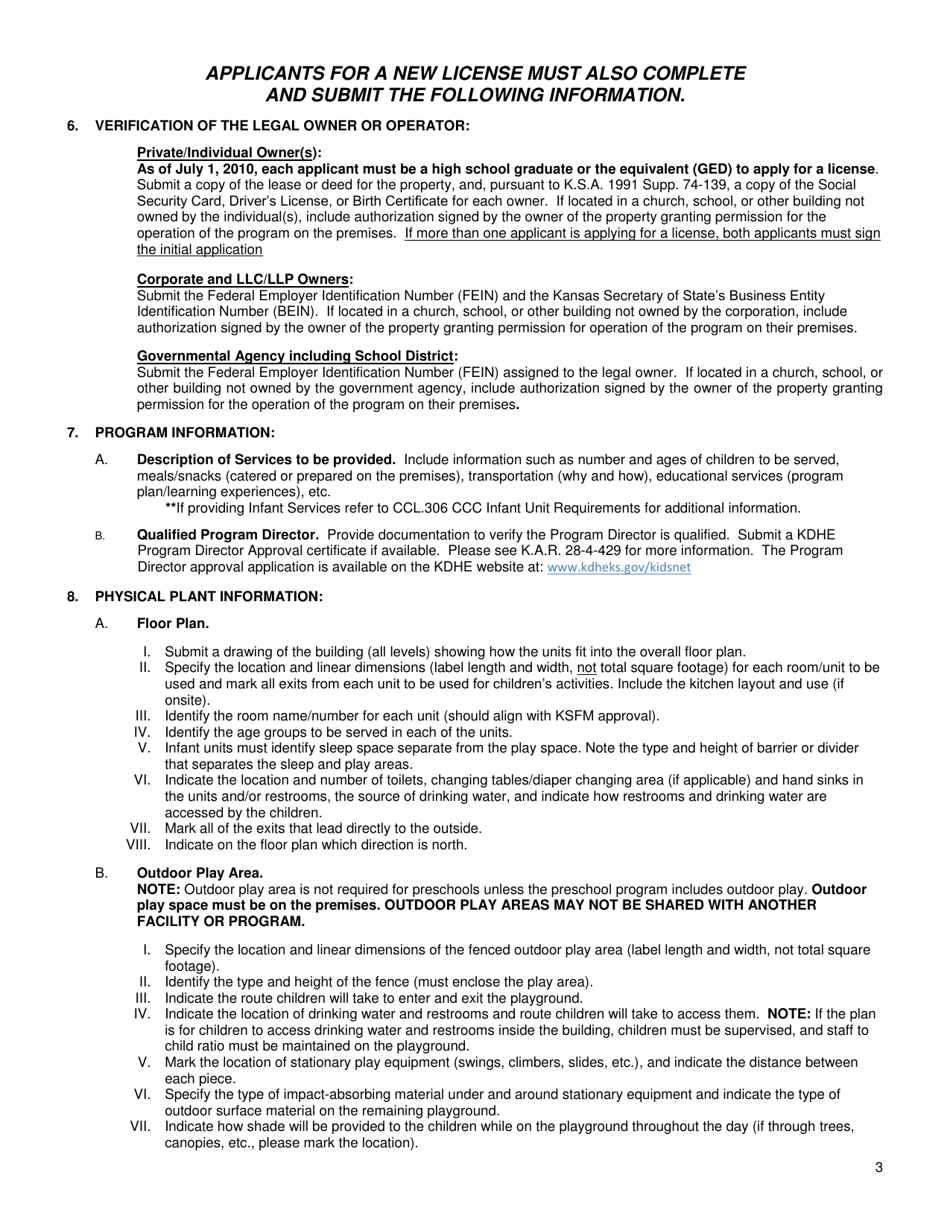 Instructions for Form CCL.301 Application for a Child Care Center, Preschool, Head Start - Kansas, Page 3