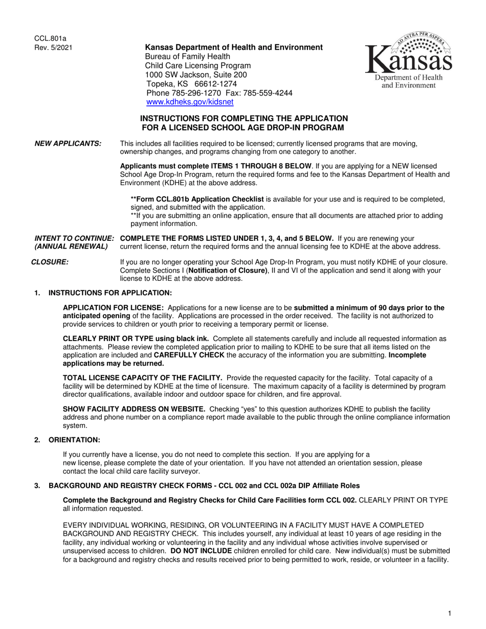 Instructions for Form CCL.801 Application for a School Age Drop-In Program - Kansas, Page 1