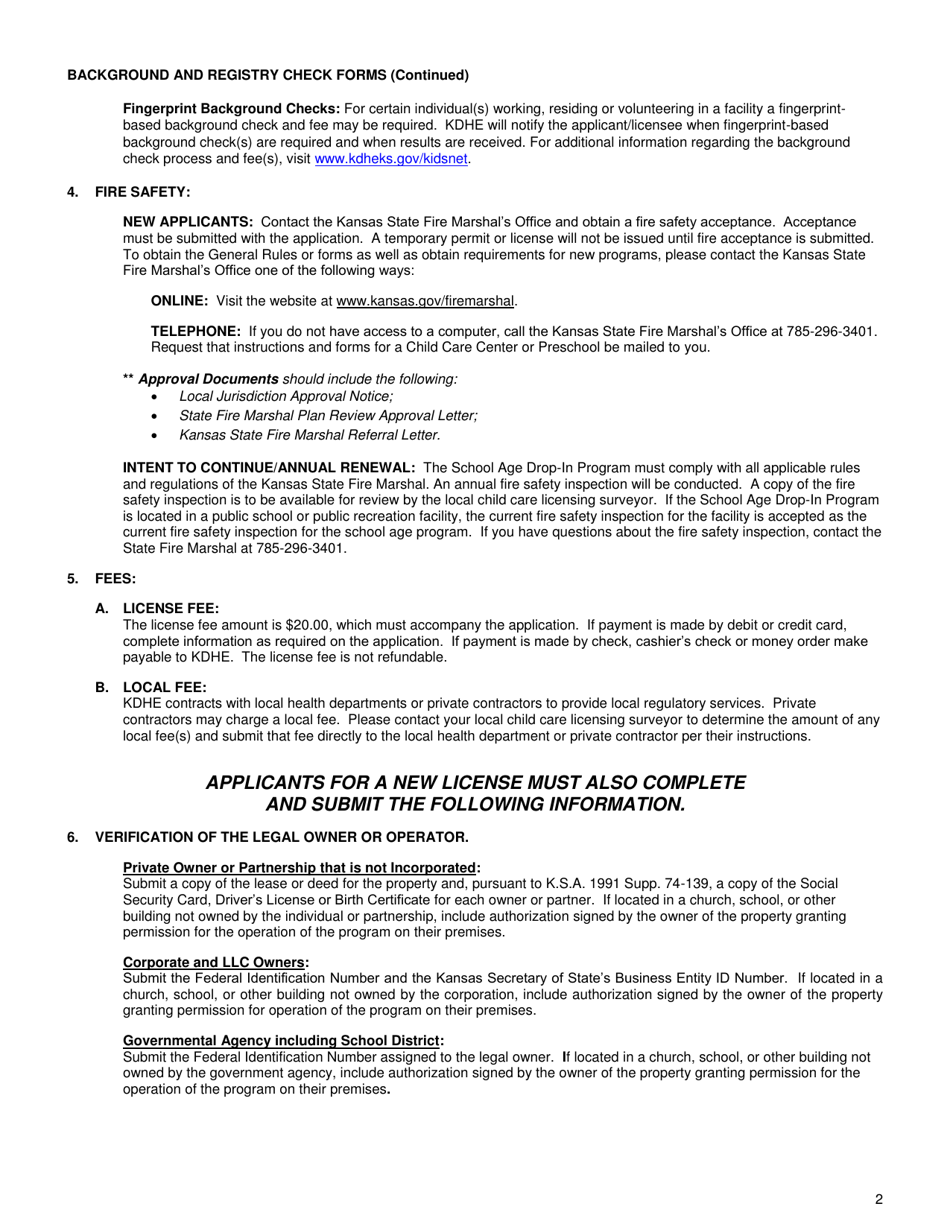 Instructions for Form CCL.801 Application for a School Age Drop-In Program - Kansas, Page 2