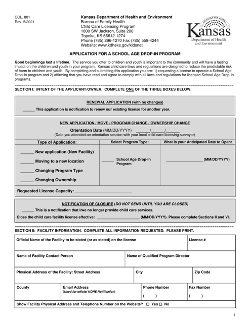 Form CCL.801 Application for a School Age Drop-In Program - Kansas