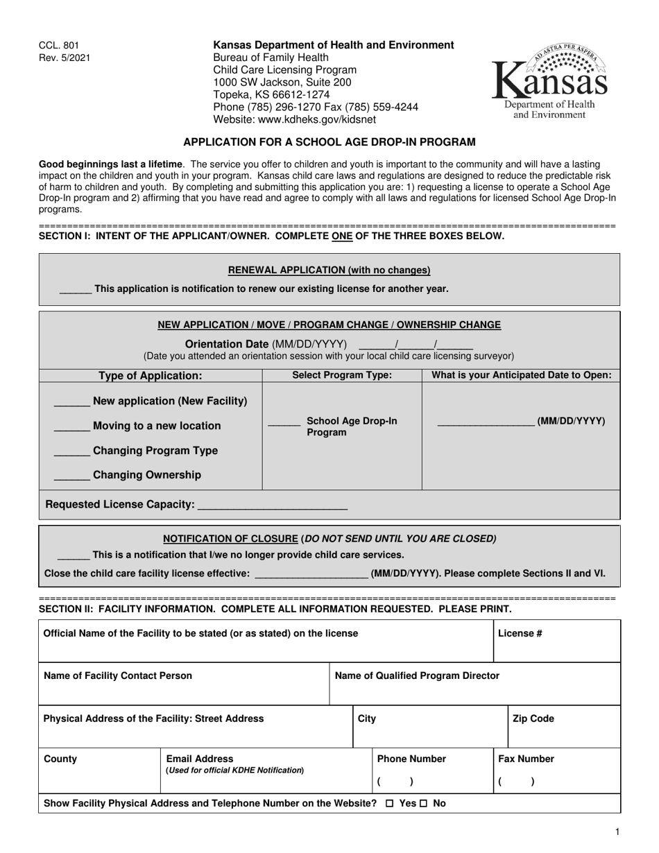 Form CCL.801 Application for a School Age Drop-In Program - Kansas, Page 1