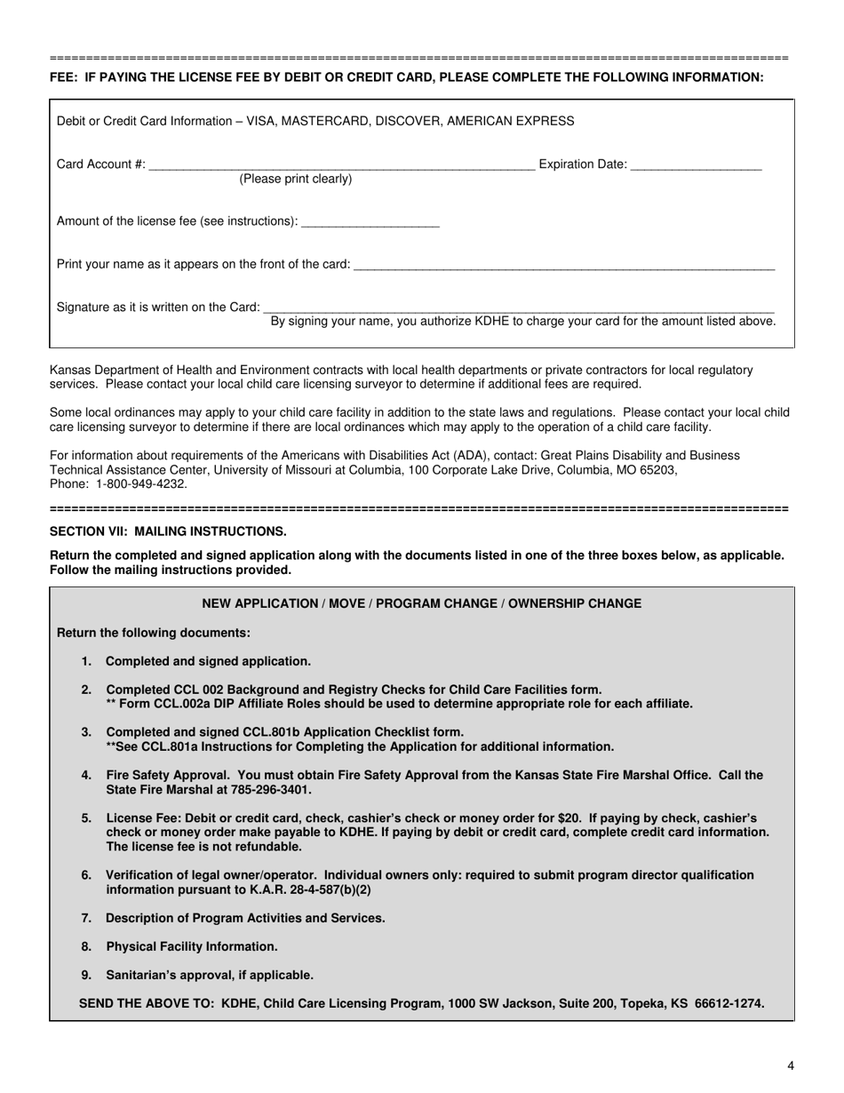 Form CCL.801 Application for a School Age Drop-In Program - Kansas, Page 4