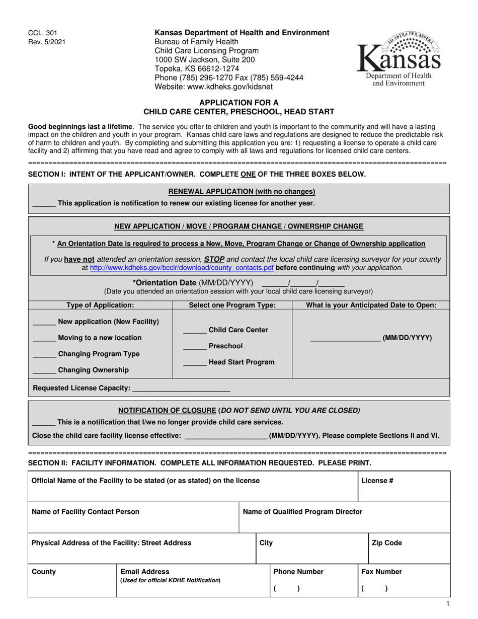 Form CCL.301 Application for a Child Care Center, Preschool, Head Start - Kansas, Page 1