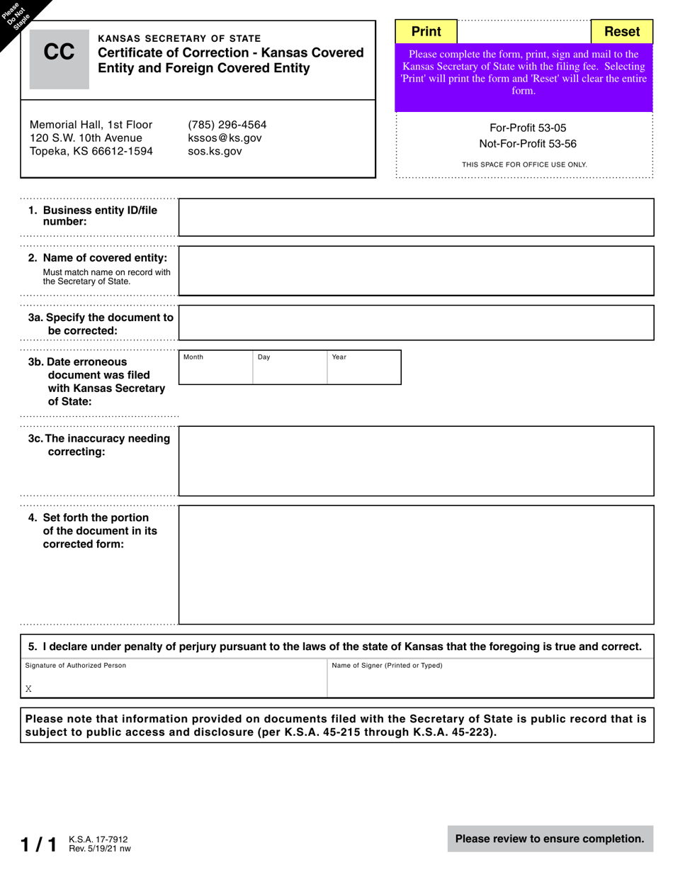Form CC Certificate of Correction - Kansas Covered Entity and Foreign Covered Entity - Kansas, Page 2