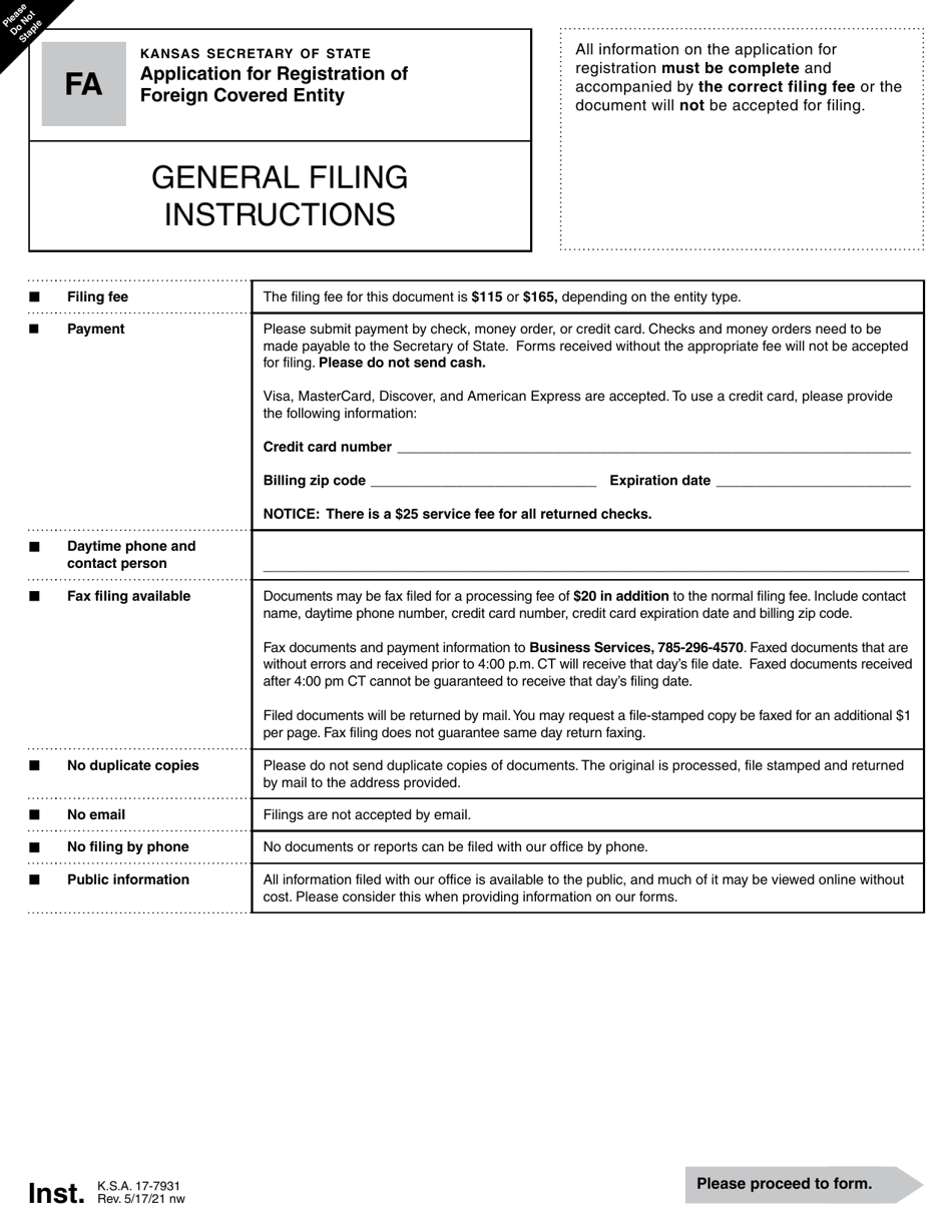 Form FA Application for Registration of Foreign Covered Entity - Kansas, Page 1