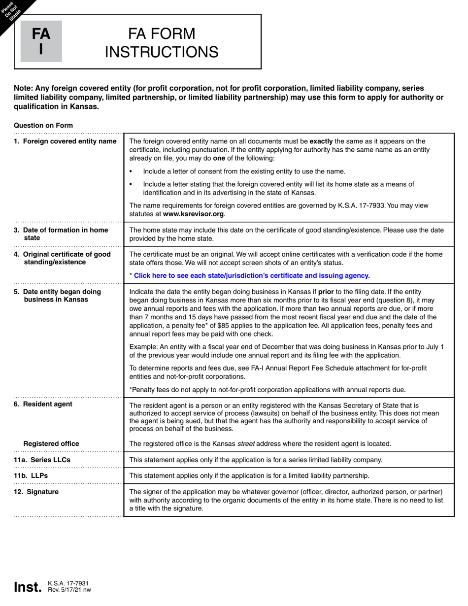 Form FA Application for Registration of Foreign Covered Entity - Kansas, Page 2