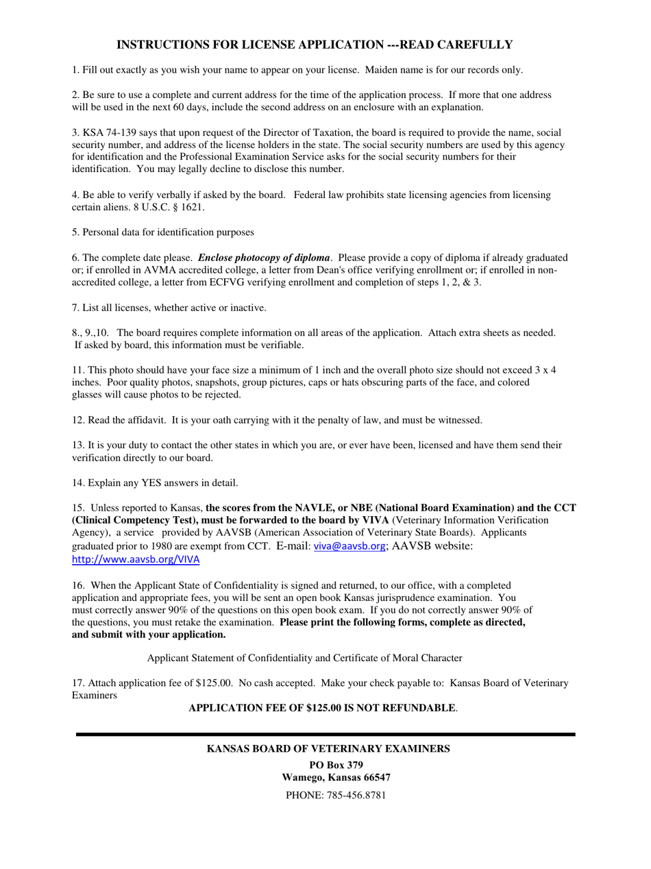 Kansas Application for Kansas Veterinary License Fill Out, Sign