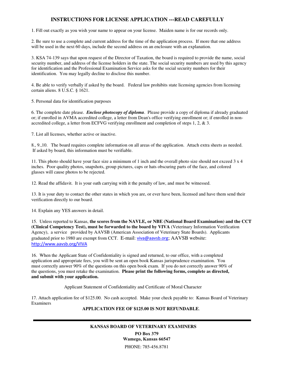 Application for Kansas Veterinary License - Kansas, Page 1