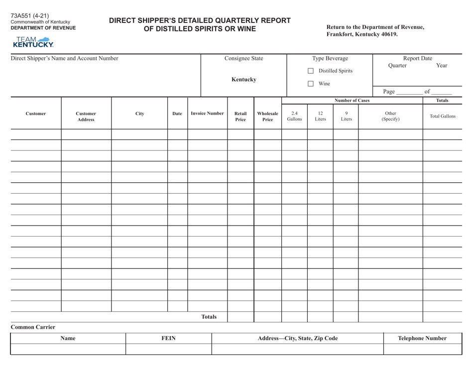 Form 73A551 Direct Shippers Detailed Quarterly Report of Distilled Spirits or Wine - Kentucky, Page 1
